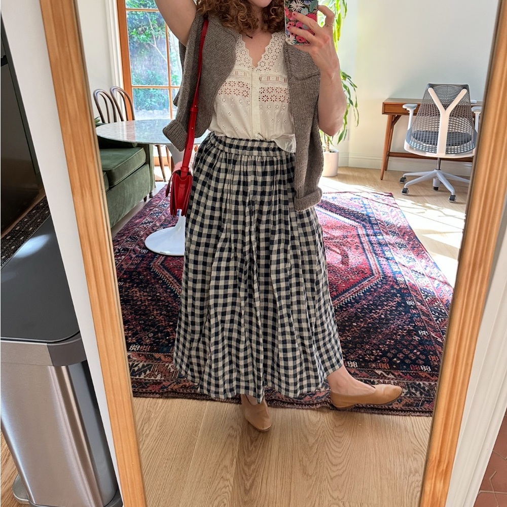Ichi Antiquites one size fits all linen blue and white gingham skirt